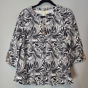 Appleseeds Palm Leaf Resort Top Blouse Black White NWT Cotton Coastal Preppy PM